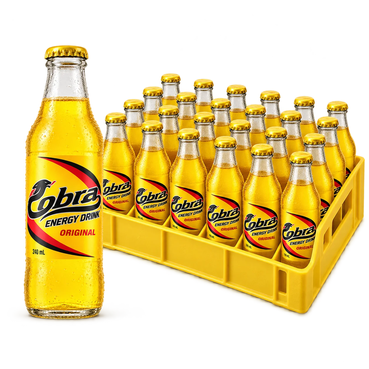 Cobra Yellow Orig 240mL — one unit in front of 24 bottles in a BMR sales pack