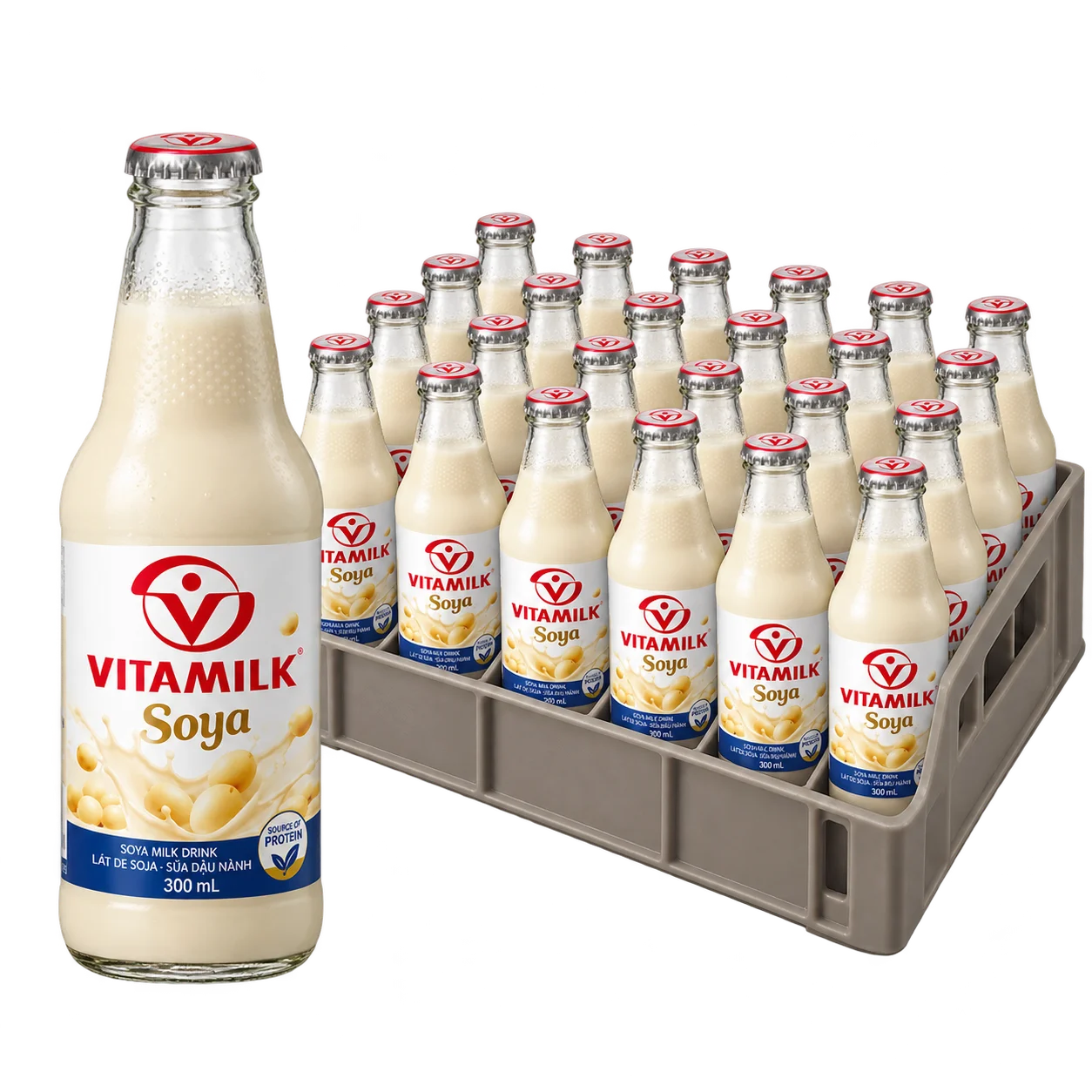 Vitamilk Soya OWB 300mL — one unit in front of 24 bottles in a BMR sales pack